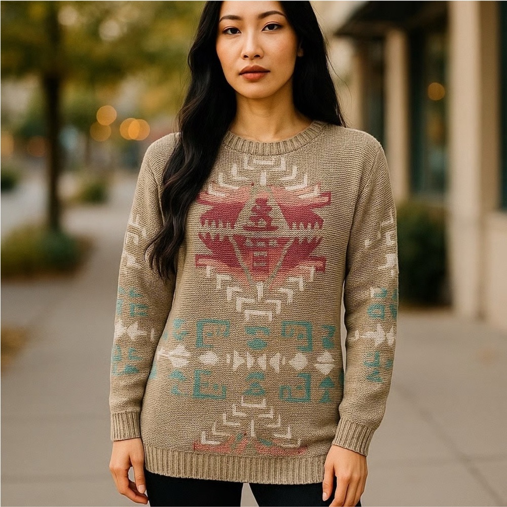 Lauren Ralph Lauren Beige and Red Patterned Sweater Cotton & Linen knit